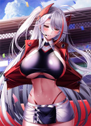 Rule 34 | 1girl, absurdres, antenna hair, azur lane, belt, black gloves, black shirt, blue sky, blush, breasts, checkered flag, clothing cutout, cloud, collared shirt, commentary request, confetti, cowboy shot, cropped jacket, cropped shirt, day, earpiece, flag, flashing, gloves, groin, hair between eyes, half gloves, headgear, highleg, highleg panties, highres, jacket, large breasts, long hair, looking at viewer, mole, mole on breast, multicolored hair, navel, official alternate costume, open clothes, orange eyes, outdoors, panties, parted lips, prinz eugen (azur lane), prinz eugen (final lap) (azur lane), race queen, racetrack, red hair, red panties, shirt, sideboob, sidelocks, skirt, sky, smile, solo, standing, stomach, streaked hair, thighhighs, two-tone skirt, two side up, underboob, underboob cutout, underwear, very long hair, white belt, white hair, yuuzuki hijiri