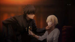 Rule 34 | 2boys, alcohol, blonde hair, brown eyes, brown hair, cross, cross necklace, cup, derivative work, drinking glass, fate/zero, fate (series), gilgamesh (fate), hand on another&#039;s chin, jewelry, kotomine kirei, multiple boys, necklace, parody, red eyes, rinoko otoge, wine, wine glass