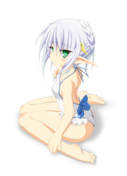 Rule 34 | 1girl, backless outfit, bare back, barefoot, blush, elf, green eyes, kneeling, light purple hair, looking at viewer, looking back, micchan, one-piece swimsuit, pixiv fantasia, pixiv fantasia 4, pointy ears, short hair, simple background, sitting, soles, solo, swimsuit, toes, wariza, white background, white hair