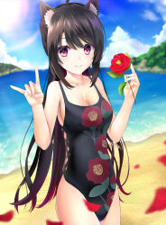 Rule 34 | 1girl, :3, \n/, ahoge, alternate costume, animal ear fluff, animal ears, beach, black hair, black one-piece swimsuit, blue sky, blurry, blush, breasts, camellia, cleavage, closed mouth, colored eyelashes, commentary request, cowboy shot, day, depth of field, eyelashes, falling petals, floral print, flower, hair between eyes, hands up, highres, holding, holding flower, hoshikawa kaguya, large breasts, long hair, looking at viewer, ocean, one-piece swimsuit, outdoors, petals, red eyes, red flower, sidelocks, sky, smile, solo, standing, swimsuit, tenshi souzou re-boot!, very long hair, xiexianglg