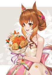 Rule 34 | 1girl, :d, animal ears, bare arms, bare shoulders, blush, bouquet, bow, breasts, brown eyes, brown hair, collarbone, commentary, dress, dress flower, floral background, flower, frilled bow, frills, gloves, hair flower, hair ornament, hand up, highres, holding, holding bouquet, horse ears, horse girl, horse tail, long hair, mayano top gun (sunlight bouquet) (umamusume), mayano top gun (umamusume), ohihil, open mouth, orange flower, pink bow, red flower, red rose, rose, sleeveless, sleeveless dress, small breasts, smile, solo, strapless, strapless dress, sunflower, tail, teeth, umamusume, white dress, white flower, white gloves, yellow flower, yellow rose