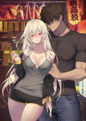 Rule 34 | 1boy, 1girl, black shorts, black sleeves, blonde hair, blue pants, blush, breasts, brown hair, cleavage, commentary, cowboy shot, curled fingers, denim, drunk, english commentary, faceless, faceless male, festival, grey shirt, grin, hair between eyes, highres, jacket, jeans, lantern, large breasts, long hair, long sleeves, looking at viewer, muscular, muscular male, open clothes, open jacket, open mouth, original, outdoors, pants, paper lantern, pectoral cleavage, pectorals, pointy nose, red eyes, shirt, short sleeves, shorts, smile, soju, taut clothes, taut shirt, thigh gap, translation request, undressing, whois