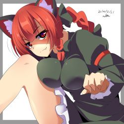Rule 34 | 10s, 1girl, 2014, animal ears, bow, braid, breasts, cat ears, cat tail, dated, dress, fang, grin, hair bow, highres, kaenbyou rin, large breasts, long hair, looking at viewer, miton (turuyasann), red eyes, red hair, smile, solo, tail, touhou, twin braids