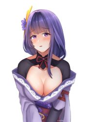 Rule 34 | 1girl, absurdres, artist name, bad id, bad pixiv id, blush, breasts, choker, cleavage, collarbone, commentary, cozie178, english commentary, flower, genshin impact, hair ornament, highres, japanese clothes, kimono, large breasts, looking at viewer, mole, mole under eye, obi, obiage, obijime, off shoulder, open mouth, purple eyes, purple flower, purple hair, purple kimono, raiden shogun, red ribbon, ribbon, ribbon choker, sash, shrug (clothing), simple background, solo, upper body, v arms, white background