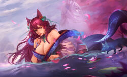 Rule 34 | 1girl, absurdres, ahri (league of legends), animal, animal ears, bare shoulders, breasts, cleavage, ear bell, facial mark, flower, highres, huge breasts, japanese clothes, kimono, league of legends, long hair, lu ka, magic, multiple views, outdoors, petals, pink flower, red hair, shiny skin, spirit blossom ahri, whisker markings, wolf