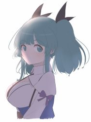 Rule 34 | 1girl, aqua eyes, aqua hair, arm at side, assault lily, belt, black necktie, bow, breasts, brown belt, closed mouth, collared shirt, commentary, cropped torso, from side, hair ribbon, highres, juliet sleeves, large breasts, light blush, long sleeves, looking at viewer, looking to the side, medium hair, meme (lm0009aetklim), necktie, odaiba girls high school uniform, puffy sleeves, purple bow, ribbon, school uniform, shirt, sidelocks, simple background, sleeve bow, solo, suzuki chinami, twintails, underbust, upper body, white background