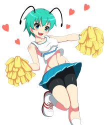 Rule 34 | 1girl, :d, alternate costume, antennae, bike shorts, blue skirt, breasts, cheering, cheerleader, green eyes, green hair, groin, heart, highres, holding, holding pom poms, looking at viewer, medium breasts, navel, open mouth, pom pom (cheerleading), pom poms, shoes, short hair, simple background, skirt, smile, sneakers, solo, tank top, touhou, wade99, white background, white footwear, white legwear, white tank top, wriggle nightbug