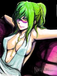 Rule 34 | 1girl, alternate hairstyle, arrancar, bleach, breasts, character name, cleavage, dress, facial mark, green hair, hair up, jewelry, necklace, nelliel tu odelschwanck, sketch, ye-song 824