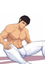 Rule 34 | 1boy, abs, bara, bare pectorals, black hair, blue eyes, bulge, butterfly sitting, chachi (soulga), feet out of frame, free!, head tilt, large pectorals, legskin, male focus, male swimwear, muscular, muscular male, navel, navel hair, nipples, pectorals, short hair, sitting, smile, solo, spread legs, stomach, swimsuit, thick thighs, thighs, white male swimwear, yamazaki sousuke