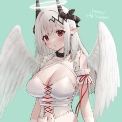 Rule 34 | 1girl, aqua background, arknights, bare shoulders, blush, breasts, bustier, cleavage, collar, cross-laced clothes, earrings, feathered wings, grey hair, hair ornament, halo, happy halloween, highres, horns, infection monitor (arknights), jewelry, large breasts, long hair, looking at viewer, mudrock (arknights), oemmnn, parted lips, pointy ears, red eyes, red ribbon, ribbon, simple background, solo, upper body, white wings, wings