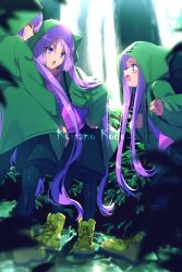 Rule 34 | aged down, backpack, bag, blush, boots, breasts, closed mouth, echo (circa), euryale (fate), fate/grand order, fate/hollow ataraxia, fate (series), forest, glasses, green footwear, green jacket, green shorts, hood, hooded jacket, jacket, long braid, long hair, long sleeves, medusa (fate), medusa (lancer) (fate), medusa (rider) (fate), medusa (under the same sky) (fate), nature, open mouth, pantyhose, purple eyes, purple hair, rider, shorts, siblings, sidelocks, sisters, small breasts, smile, stheno (fate), tree, twintails, under the same sky, very long hair