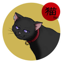 Rule 34 | 00s, animal, bell, black cat, cat, character name, collar, darker than black, earrings, jewelry, lowres, mao (darker than black), no humans, purple eyes, simple background, smile, solo