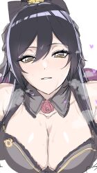 Rule 34 | 1girl, black hair, breasts, cleavage, facing viewer, flower, heart, heart-shaped pupils, highres, idolmaster, large breasts, long hair, looking at viewer, mogi yasunobu, ponytail, red flower, red rose, rose, shirase sakuya, sketch, smile, steam, steaming body, sweat, symbol-shaped pupils, unfinished, upper body, white background, yellow eyes