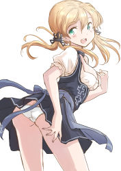 Rule 34 | 1girl, alternate costume, anchor hair ornament, apron, aqua eyes, ass, blonde hair, blouse, bodice, butt crack, dirndl, dress, from behind, fuji (pixiv24804665), german clothes, hair ornament, highres, kantai collection, long hair, looking at viewer, looking back, open mouth, panties, pinafore dress, prinz eugen (kancolle), puffy short sleeves, puffy sleeves, round teeth, shirt, short sleeves, simple background, skirt, sleeveless dress, smile, solo, teeth, twintails, underwear, upper teeth only, waist apron, white background, white panties