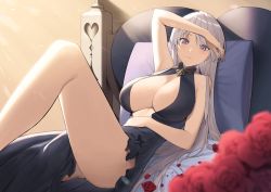 Rule 34 | 1girl, absurdres, azur lane, bed, blue eyes, breasts, cleavage, dress, enterprise (azur lane), enterprise (heroic finery) (azur lane), evening gown, flower, grey hair, hand on own forehead, hand on own stomach, heart, highres, long hair, looking at viewer, lordol, official alternate costume, on bed, pillow, rose, side slit