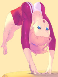 Rule 34 | 1girl, arched back, ass, backflip, bare legs, barefoot, blonde hair, blue eyes, breasts, enkyo yuuichirou, feet, full body, highres, leotard, long hair, medium breasts, open mouth, original, ponytail, red leotard, skin tight, solo, upside-down