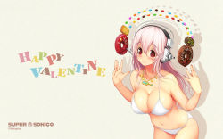 Rule 34 | 1girl, bare shoulders, bikini, blush, breasts, candy, cleavage, doughnut, female focus, food, happy valentine, headphones, highres, jewelry, large breasts, leaning forward, long hair, looking at viewer, navel, necklace, nitroplus, pink hair, red eyes, smile, solo, super sonico, swimsuit, tsuji santa, valentine, white bikini