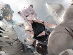 Rule 34 | 1girl, animal ears, bow (weapon), breasts, closed mouth, cloud, cloudy sky, commentary request, crop top, day, earrings, expressionless, funi mu9, grey eyes, grey hair, highres, hololive, jewelry, lion, lion ears, lion girl, long hair, medium breasts, monster, open mouth, outdoors, overcast, quiver, rain, shishiro botan, sideboob, sky, sleeveless, solo focus, squatting, virtual youtuber, weapon