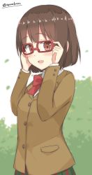 Rule 34 | 1girl, :d, adjusting eyewear, blazer, blurry, blurry background, blush, bow, bowtie, brown eyes, brown hair, brown jacket, chaa (korone-ze), collared shirt, commentary request, depth of field, glasses, green skirt, highres, jacket, kurahashi miho, long sleeves, looking at viewer, open mouth, plaid, plaid skirt, pocket, red-framed eyewear, red bow, red bowtie, school uniform, shirt, skirt, smile, solo, twitter username, white background, white shirt, z-kai: cross road