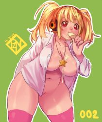 Rule 34 | 1girl, areola slip, blonde hair, blush, breasts, cowboy shot, cream on body, dated, eating, food, green background, headphones, ice cream, jewelry, large breasts, looking at viewer, naked shirt, navel, necklace, nitroplus, no bra, no panties, outline, pink eyes, pink thighhighs, plump, poch4n, red eyes, shirt, short twintails, simple background, solo, star (symbol), star necklace, super pochaco, thick thighs, thighhighs, thighs, twintails, wide hips