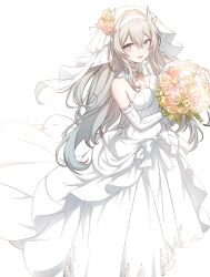 Rule 34 | 1girl, absurdres, bow, bridal veil, chinese commentary, choker, commentary request, detached sleeves, dress, firefly (honkai: star rail), full body, gradient hair, grey hair, highres, honkai: star rail, honkai (series), long hair, long sleeves, looking at viewer, multicolored hair, nz75 ge, open mouth, simple background, smile, solo, veil, very long hair, wedding dress, white background, white bow, white choker, white dress, white veil