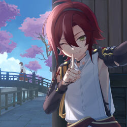 Rule 34 | 1boy, 1girl, ahoge, aiguillette, armor, black choker, blue sky, blunt bangs, bob cut, bracelet, bridge, brown hair, building, cherry blossoms, choker, clothes around waist, clothing cutout, cloud, commentary request, day, finger to mouth, game screenshot background, genshin impact, green eyes, grin, hair between eyes, hair intakes, hakama, hakama pants, hand up, index finger raised, japanese armor, japanese clothes, jewelry, kimono, kote, kurokote, long hair, long sleeves, looking at viewer, low ponytail, male focus, miko, mole, mole under eye, multiple moles, one eye closed, outdoors, outstretched arm, pants, parted bangs, ponytail, railing, red hair, red hakama, ribbon-trimmed sleeves, ribbon trim, selfie, shikanoin heizou, shirt, short hair, shushing, side cutout, sideless outfit, sidelocks, sky, sleeveless, sleeveless shirt, smile, solo focus, stone floor, teeth, tree, upper body, water, white kimono, white shirt, wide sleeves, wooden bridge, wooden railing, yonaka (yonaka221)