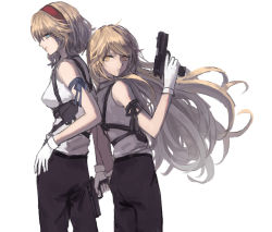 Rule 34 | 2girls, alice margatroid, arm ribbon, bad id, bad pixiv id, black pants, black ribbon, blonde hair, blue eyes, expressionless, floating hair, from side, gloves, gun, hairband, height difference, holding, kirisame marisa, light smile, long hair, looking at viewer, mo (artist), mo (ine mao), multiple girls, no headwear, no headwear, pants, profile, ribbon, short hair, sleeveless, touhou, very long hair, weapon, white background, white gloves, yellow eyes