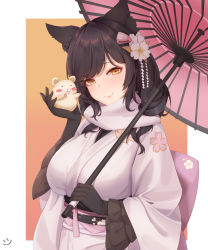 Rule 34 | 1girl, animal ears, atago (azur lane), azur lane, black gloves, black hair, breasts, commentary, flower, fox ears, gloves, hair flower, hair ornament, highres, holding, holding mouse, holding umbrella, japanese clothes, kimono, large breasts, long hair, long sleeves, looking at viewer, mouse (animal), scarf, solo, umbrella, wei xiao, white flower, white kimono