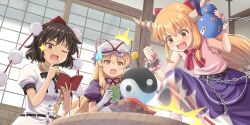 3girls architecture blonde_hair blush book bow brown_eyes brown_hair brown_horns clenched_hands cuffs cup cushion east_asian_architecture feet_on_table gloves gourd hair_between_eyes hair_bow hand_on_own_chin haniwa_(leaf_garden) hat hat_bow highres holding holding_book holding_cup horn_ornament horn_ribbon horns ibuki_suika long_hair mob_cap multiple_girls notebook official_art one_eye_closed oni open_mouth orb pencil pom_pom_(clothes) puffy_short_sleeves puffy_sleeves red_hat ribbon shackles shameimaru_aya shirt short_hair short_sleeves sidelocks skirt sleeveless sleeveless_shirt sliding_doors smile surprised table third-party_source tokin_hat touhou touhou_lostword white_gloves white_hat yakumo_yukari yellow_eyes yin_yang yin_yang_orb yunomi