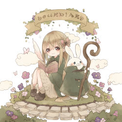 Rule 34 | 1girl, blonde hair, book, brown eyes, bug, rabbit, butterfly, chibi, cloud, fantasy, flower, grass, hair ornament, highres, holding, holding staff, bug, long hair, original, quill, robe, sitting, staff, tukimisou0225, very long hair, white background, wide sleeves