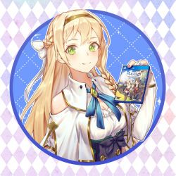 Rule 34 | 1girl, atelier (series), atelier ryza, atelier ryza 1, blonde hair, blue hair, blue nails, blue ribbon, bow, braid, breasts, cleavage, closed mouth, cover, green eyes, hair bow, hairband, holding, klaudia valentz, long hair, looking at viewer, medium breasts, multicolored nails, nail polish, red nails, revision, ribbon, single braid, smile, solo, upper body, video game cover, video game cover (object), w2398510474, white bow