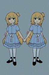 Rule 34 | 2girls, aged down, akai haato, aqua eyes, blue dress, child, collared dress, dark, dress, dual persona, empty eyes, expressionless, frilled dress, frills, grey background, hair ribbon, highres, himuhino, holding hands, hololive, long hair, looking at viewer, multiple girls, pantyhose, ribbon, siblings, simple background, sisters, smile, standing, the shining, thighhighs, virtual youtuber