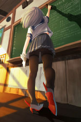 Rule 34 | 10s, 1girl, abacus, absurdres, ceiling, chalkboard, eraser, from behind, gloves, hamakaze (kancolle), highres, holding, indoors, intercom, kantai collection, long hair, pantyhose, shadow, shirt, shoes, short sleeves, skirt, solo, standing, text focus, wall, yasuto (chinchungtw200)
