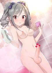 Rule 34 | 10s, 1futa, anus, bathroom, blush, bow, breasts, censored, condom, drill hair, erection, foreskin, futanari, grey hair, hair bow, heart, heart censor, holding, holding condom, idolmaster, idolmaster cinderella girls, indoors, kanzaki ranko, lens flare, liza, long hair, looking at viewer, medium breasts, medium penis, navel, nipples, nude, open mouth, penis, phimosis, pointless censoring, red eyes, soap, solo, sparkle, sponge, standing, testicles, tsurime, twintails