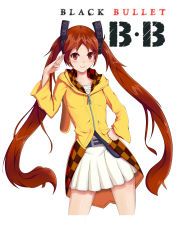 Rule 34 | 10s, 1girl, absurdres, aihara enju, belt, black bullet, blush, brown eyes, brown hair, buckle, copyright name, english text, hand on own hip, highres, jacket, long hair, long sleeves, lujunda123, skirt, smile, solo, twintails, very long hair, white background