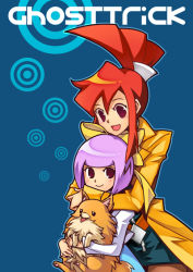 Rule 34 | 2girls, aria (aria chu), aria chu, black eyes, capcom, coat, dog, ghost trick, kamila (ghost trick), lynne (ghost trick), missile (ghost trick), multiple girls, open mouth, pantyhose, purple hair, red hair, ribbon, simple background, smile, trench coat