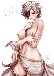 Rule 34 | 10s, 1girl, arm between breasts, between breasts, blush, bracelet, breasts, collarbone, cowboy shot, dated, eyepatch, female focus, granblue fantasy, hand on own chest, jewelry, large breasts, looking away, navel, nipples, no panties, red eyes, sarong, short hair, signature, silver hair, simple background, solo, souryu, tania (granblue fantasy), topless, translation request, white background