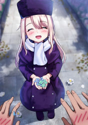 Rule 34 | 1girl, :d, ^ ^, blue flower, blurry, blurry background, blush, boots, closed eyes, commentary request, day, depth of field, dress, facing viewer, fate/stay night, fate (series), flower, fur hat, green footwear, hand blush, hat, highres, holding, holding flower, illyasviel von einzbern, light brown hair, long hair, long sleeves, open mouth, out of frame, outdoors, papakha, purple dress, purple footwear, purple headwear, sasatabekung, scarf, smile, solo focus, standing, white scarf