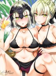 Rule 34 | 2girls, ahoge, armor, bare shoulders, bikini, black bikini, blonde hair, blush, braid, breasts, cameltoe, character request, covered erect nipples, drink, fate/grand order, fate (series), hair ribbon, headpiece, jeanne d&#039;arc (fate), jeanne d&#039;arc (ruler) (fate), jeanne d&#039;arc alter (avenger) (fate), jeanne d&#039;arc alter (fate), kojima saya, large breasts, looking at viewer, medium breasts, multiple girls, navel, parted lips, ribbon, signature, sitting, summer, swimsuit, thigh strap, yellow eyes