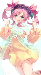 Rule 34 | 1girl, :d, absurdres, bare shoulders, breasts, clenched hands, collarbone, commentary request, cowboy shot, detached sleeves, dress, duel monster, flower, green eyes, head wreath, highres, kanzakietc, looking at viewer, open mouth, pink hair, pleated dress, purple flower, rikka queen strenna, short dress, sidelocks, simple background, small breasts, smile, solo, strapless, strapless dress, twintails, twitter username, white background, yellow dress, yellow sleeves, yu-gi-oh!