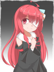 Rule 34 | 1girl, ahoge, ao (aoblueao), bandage over one eye, bandaged arm, bandages, black dress, black sleeves, breasts, closed mouth, collarbone, collared dress, commentary request, detached sleeves, dress, gradient background, grey background, hair over one eye, hand up, head tilt, kotonoha akane, long hair, long sleeves, looking at viewer, red eyes, red hair, red ribbon, ribbon, sleeveless, sleeveless dress, small breasts, solo, upper body, very long hair, voiceroid, white background, wide sleeves