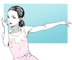 Rule 34 | 1girl, amano yo-ki, collarbone, dress, forehead, greyscale, looking to the side, low ponytail, monochrome, open mouth, original, outstretched arm, pink dress, scrunchie, smile, solo, spot color, upper body
