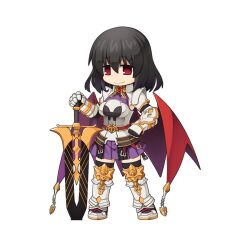 Rule 34 | 1girl, armor, armored boots, black gloves, black hair, black thighhighs, boots, breastplate, breasts, cape, chibi, clenched hand, closed mouth, cross, dragon knight (ragnarok online), fake wings, full body, gauntlets, gloves, hair between eyes, holding, holding sword, holding weapon, looking at viewer, medium bangs, medium breasts, medium hair, miniskirt, official art, pauldrons, planted, planted sword, planted weapon, purple shirt, purple skirt, ragnarok online, red cape, red eyes, shirt, shoulder armor, simple background, skirt, sleeveless, sleeveless shirt, smile, solo, standing, sword, tabard, tachi-e, thighhighs, transparent background, weapon, wings, yuichirou