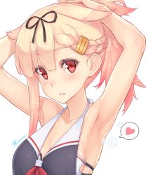 Rule 34 | 1girl, armpits, arms up, backless swimsuit, black ribbon, blonde hair, blush, braid, breasts, cleavage, collarbone, dan (kumadan), hair between eyes, hair flaps, hair ornament, hair ribbon, hairclip, halterneck, heart, highres, kantai collection, lips, long hair, looking at viewer, medium breasts, parted lips, ponytail, red eyes, ribbon, sideboob, simple background, single braid, solo, spoken heart, sweat, swimsuit, teeth, tying hair, upper body, white background, yuudachi (kancolle), yuudachi kai ni (kancolle)