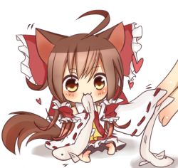 Rule 34 | 1girl, :3, ahoge, animal ears, barefoot, blush, bow, brown eyes, brown hair, cat ears, cat girl, cat tail, detached sleeves, dress, eating, female focus, fish, full body, hair bow, hair tubes, hakurei reimu, japanese clothes, kemonomimi mode, miko, mini person, minigirl, red dress, sitting, solo, tail, tosura-ayato, touhou, white background