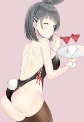 Rule 34 | 1girl, absurdres, animal ears, artist request, ass, bare shoulders, blue eyes, blush, bob cut, breasts, brown eyes, brown thighhighs, cowboy shot, cup, detached collar, drinking glass, fake animal ears, grey background, hair ornament, hairclip, highres, kirigaya suguha, large breasts, leotard, looking at viewer, one eye closed, playboy bunny, rabbit ears, rabbit tail, shiny skin, short hair, sideboob, simple background, smile, solo, sword art online, tail, thighhighs, wine glass, wink