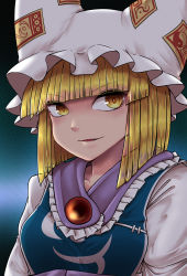 Rule 34 | 1girl, absurdres, animal ears, animal hat, blonde hair, blue background, blunt bangs, bob cut, bright pupils, dress, fox ears, gem, hat, highres, looking at viewer, mob cap, ofuda, parted lips, smile, solo, tabard, toluda, touhou, upper body, v-shaped eyebrows, white dress, yakumo ran, yellow eyes