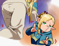Rule 34 | 1girl, all fours, blue capelet, blue robe, brown pants, capelet, dungeon meshi, elf, from behind, hood, hooded capelet, kurokuro222, looking at viewer, marcille donato, multiple views, pants, pointing, pointing at viewer, pointy ears, robe