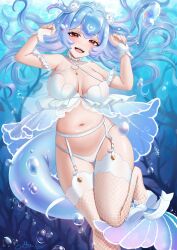 Rule 34 | 1girl, artist name, bao (vtuber), bikini, blue hair, bow, breasts, breasts apart, bubble, cotton noir, criss-cross halter, eyelashes, fishnet thighhighs, fishnets, flower, garter belt, gradient hair, hair flower, hair ornament, halterneck, highres, indie virtual youtuber, jewelry, long hair, multicolored hair, navel, necklace, open mouth, pearl necklace, purple hair, red eyes, rose, solo, star (symbol), swimsuit, teeth, thighhighs, tiara, toes, two side up, underwater, upper teeth only, virtual youtuber, white bikini, white bow, white flower, white garter belt, white rose