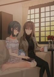 Rule 34 | 2girls, :d, bare shoulders, black hair, black pants, black sweater, blue eyes, blush, book, borrowed character, brown eyes, brown hair, brown jacket, chihuri, closed mouth, cup, curtains, floral print, flower, hair between eyes, highres, holding, holding cup, indoors, jacket, jewelry, long hair, long sleeves, mug, multiple girls, off-shoulder shirt, off shoulder, on chair, open clothes, open jacket, open mouth, original, pants, pendant, print skirt, red flower, red rose, ribbed sweater, rose, shirt, sitting, skirt, smile, stuffed animal, stuffed penguin, stuffed toy, sweater, table, turtleneck, turtleneck sweater, vase, very long hair, white shirt, white skirt, window, yokozuwari